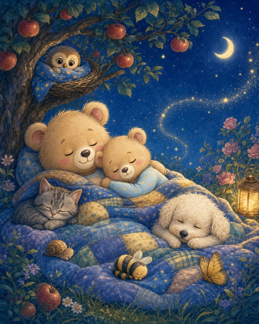 Everyone asleep under Papa Bear's big blanket